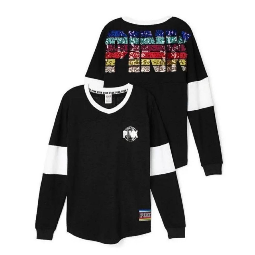 Victoria's secret PINK retro rainbow sequins varsity crew shirt sz Small